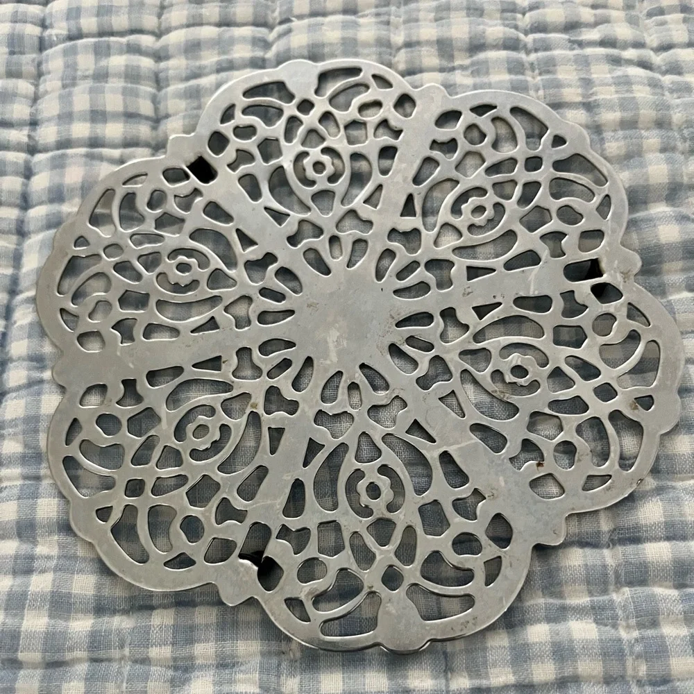Two Mid-Century Scrollwork Hot Plate Trivets Ornate Silver Retro Filigree Floral